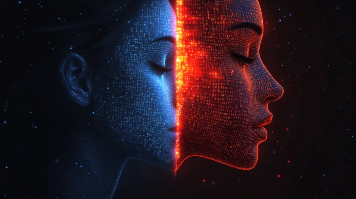 Illustration conceptuelle du double regard humain et algorithmique dans la reconnaissance faciale.