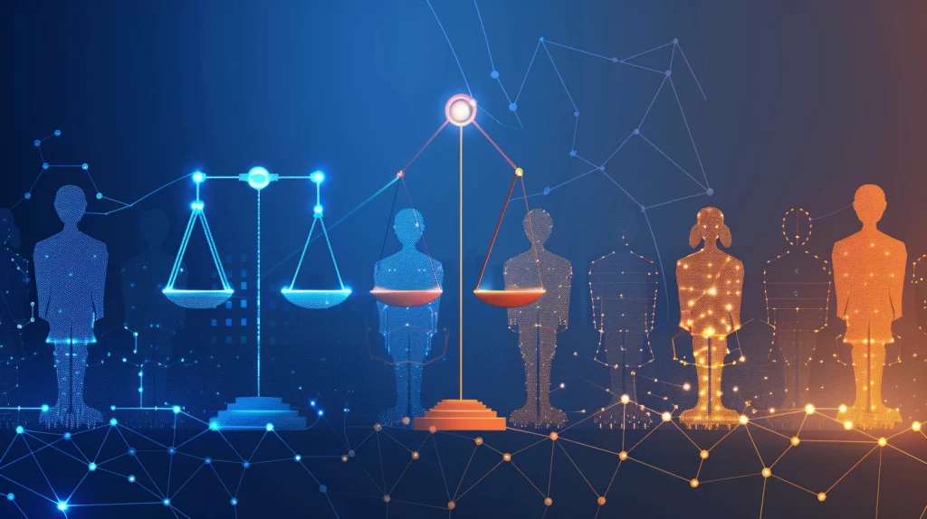 Illustration numérique montrant des silhouettes humaines connectées à des balances déséquilibrées en bleu et orange, symbolisant l’évaluation algorithmique biaisée des profils candidats dans un contexte RH.