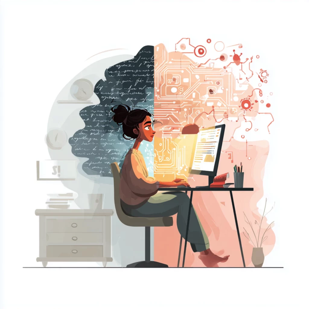 A content creator working with both human input and AI-generated tools, symbolizing ethical transparency in digital content creation.