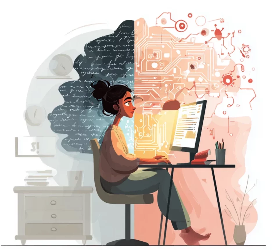 A content creator working with both human input and AI-generated tools, symbolizing ethical transparency in digital content creation.