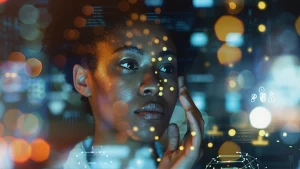 Dirigeant de PME regardant une interface IA illustrant l’optimisation GEO