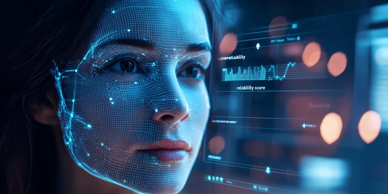 Illustration d'un entretien vidéo analysé par Emotion AI, montrant les proxies faciaux et vocaux et un score de fiabilité, dans une PME française