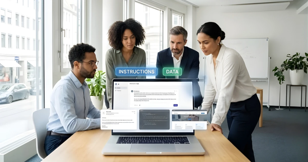 Ethical AI prompts and prompt injection attacks illustrated as hidden instructions in emails and web pages, showing responsible prompt engineering in a health SME.