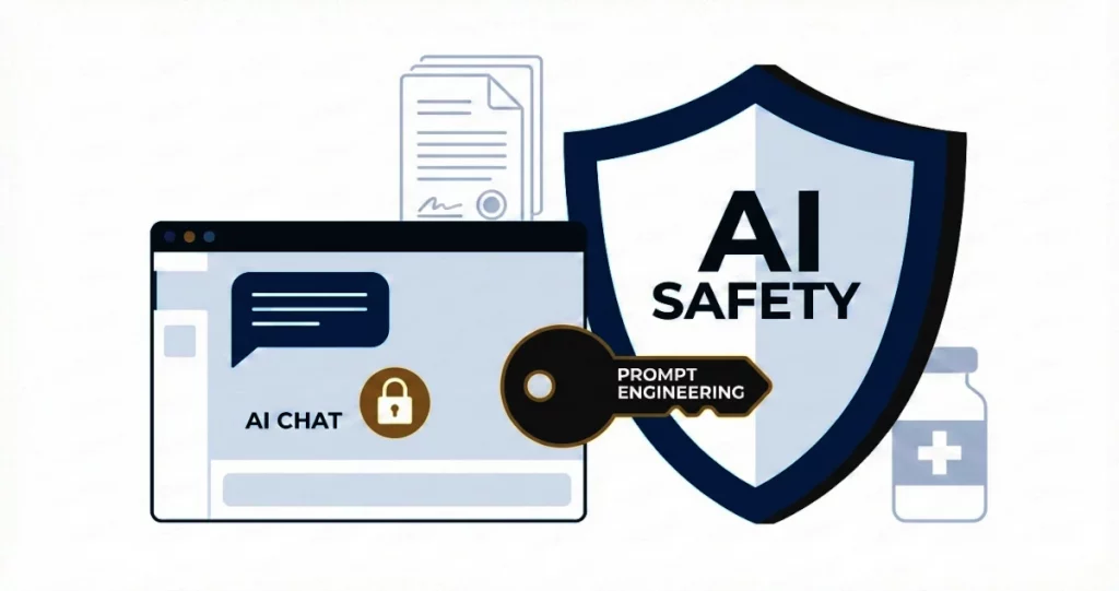 Diagram showing AI interface with padlock, safety shield, and prompt engineering key, representing protection against jailbreak attacks and responsible AI use in business