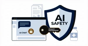 Diagram showing AI interface with padlock, safety shield, and prompt engineering key, representing protection against jailbreak attacks and responsible AI use in business
