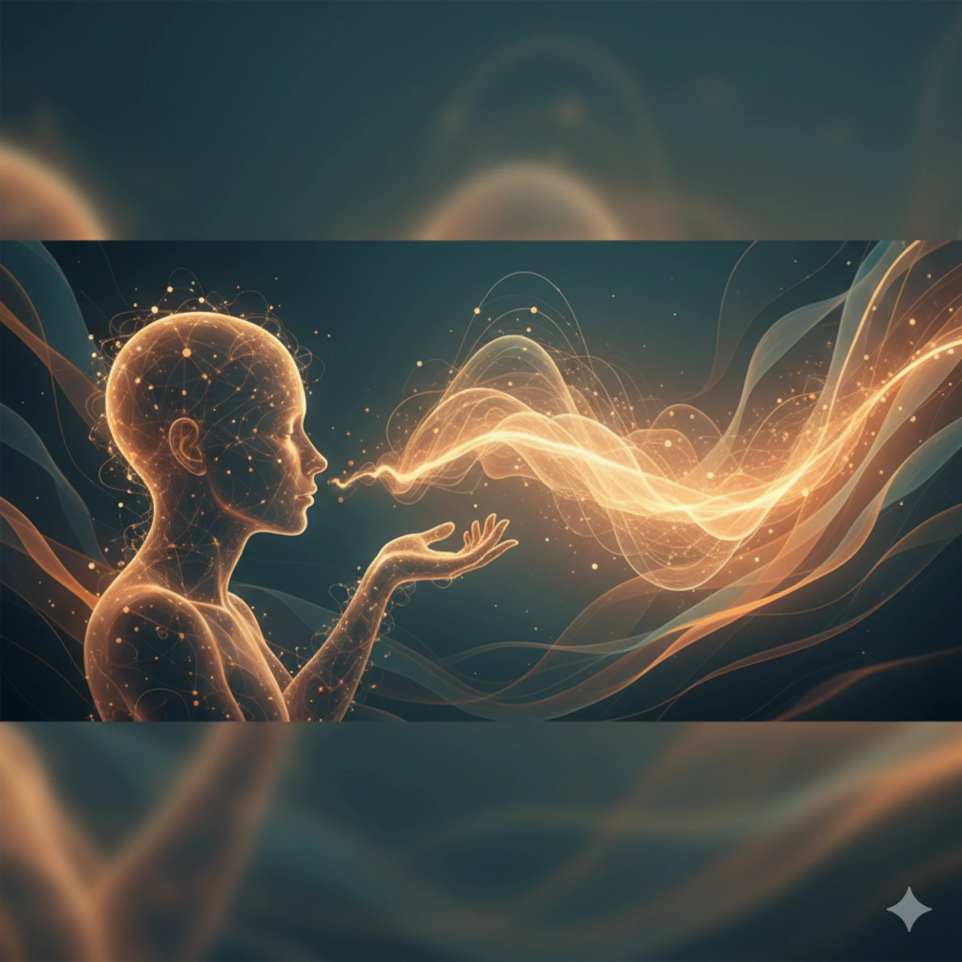 Warm illustration of a human silhouette connected to soft neural network light, symbolizing supportive (not invasive) AI mental health tools