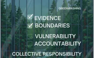 Illustration of a glass office facade over a forest with a checklist showing “Evidence” and “Boundaries” checked and “Vulnerability” and “Accountability” unchecked, referencing greenwashing and captured language.