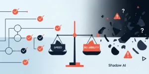 Illustration conceptuelle montrant l'équilibre entre vitesse et fiabilité dans l'intégration de l'IA, avec visualisation de la gouvernance structurée versus usages non supervisés