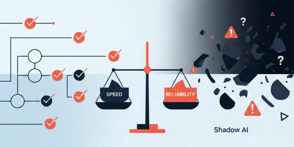 Illustration conceptuelle montrant l'équilibre entre vitesse et fiabilité dans l'intégration de l'IA, avec visualisation de la gouvernance structurée versus usages non supervisés