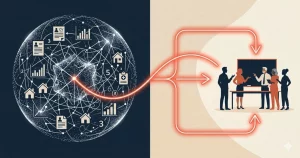 Illustration montrant une IA entourée de corrélations statistiques à gauche et des liens de cause à effet clarifiés vers un groupe d’humains à droite, symbolisant la responsabilité humaine dans les décisions IA.