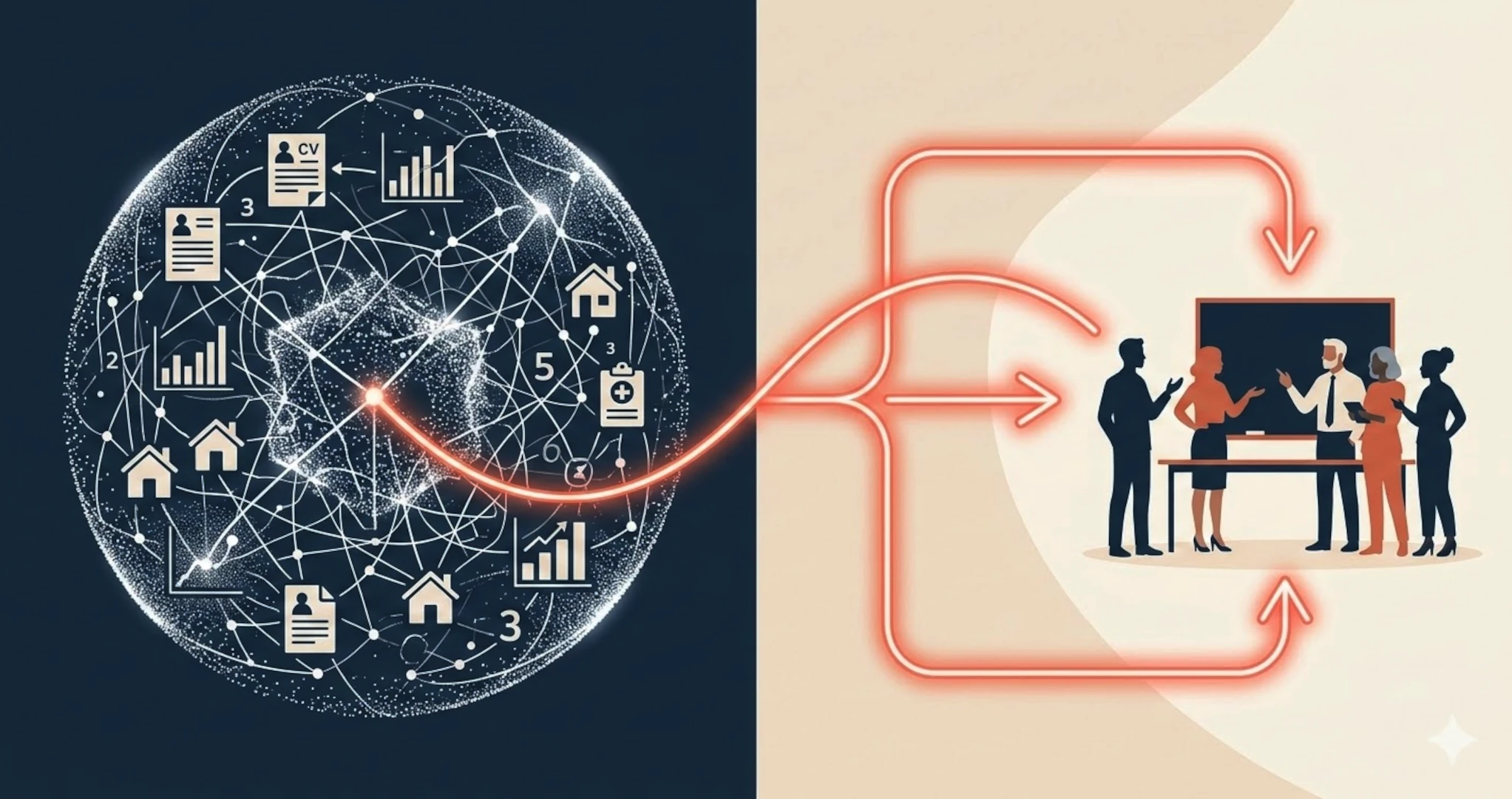 Illustration montrant une IA entourée de corrélations statistiques à gauche et des liens de cause à effet clarifiés vers un groupe d’humains à droite, symbolisant la responsabilité humaine dans les décisions IA.