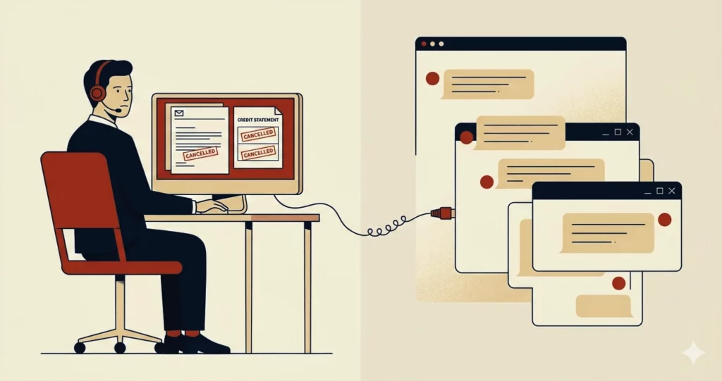 Customer service AI illustration showing a human support agent and an AI agent repeating the same incomplete response