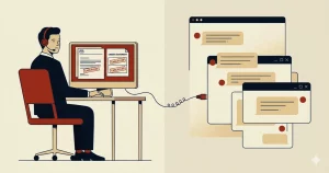 Customer service AI illustration showing a human support agent and an AI agent repeating the same incomplete response