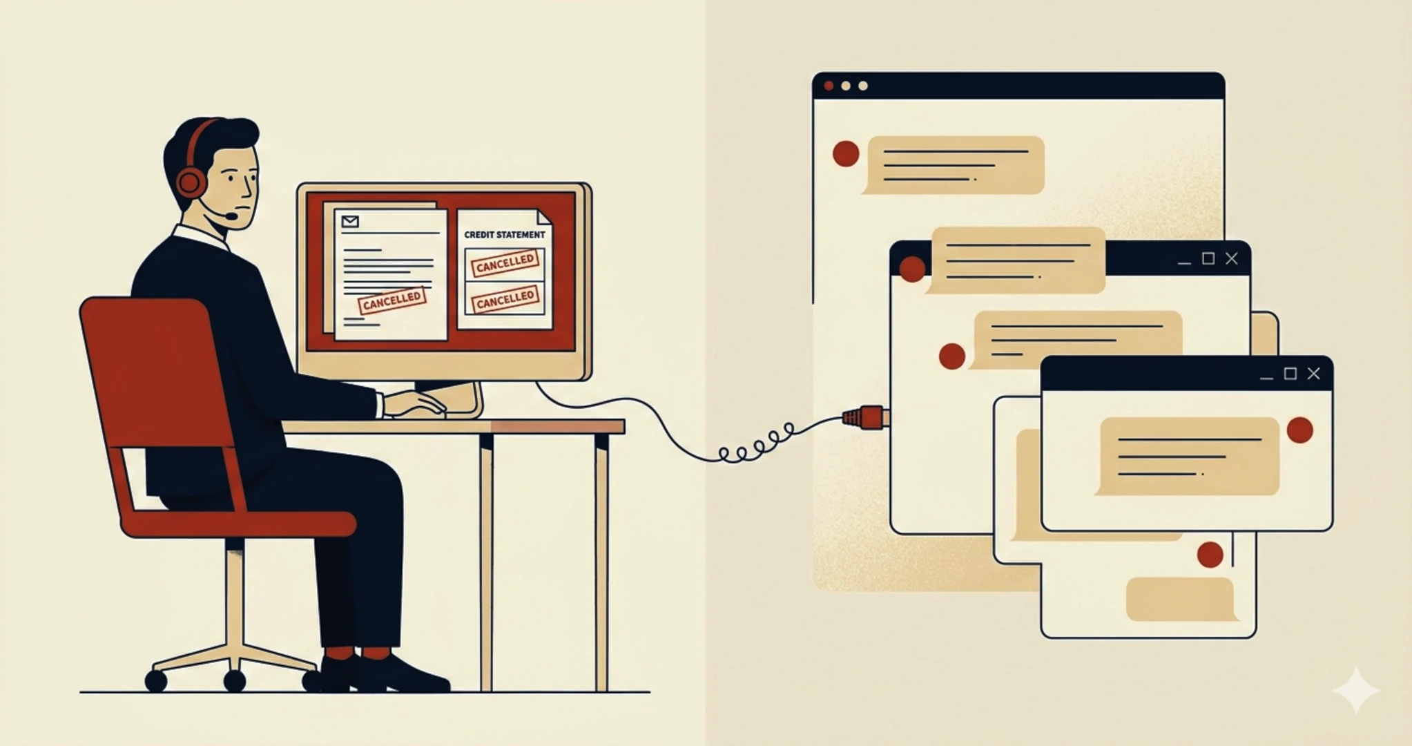 Customer service AI illustration showing a human support agent and an AI agent repeating the same incomplete response