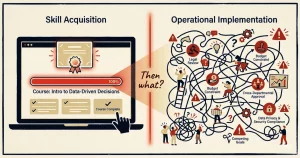 Illustration showing the gap between AI tool training and responsible AI governance for small organizations — Prompt & Pulse