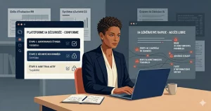 Illustration d’une équipe hésitant entre une IA interne encadrée et une IA externe non encadrée, symbole du shadow AI en entreprise