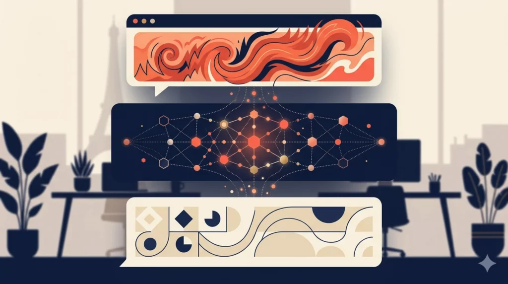 Illustration éditoriale montrant trois niveaux d’un LLM : message émotionnel, état interne invisible et réponse générée.