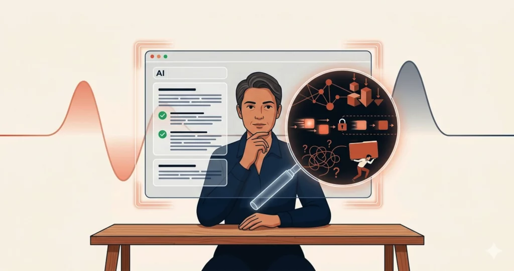 A business leader reviews an AI assistant output with a magnifying glass, revealing hidden layers of business risk, data access and human validation.