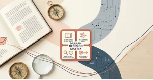 Editorial illustration of a learner comparing a polished AI answer with a verified source, using a compass and magnifying glass to represent critical thinking.