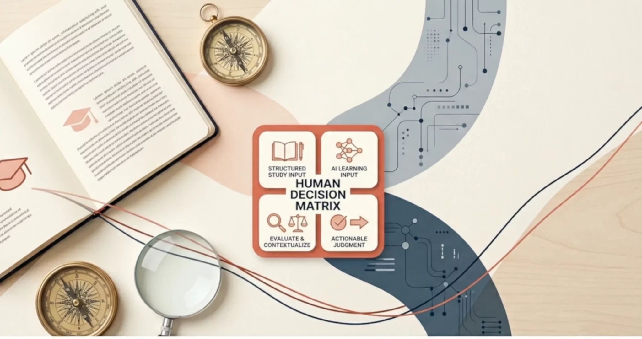 Editorial illustration of a learner comparing a polished AI answer with a verified source, using a compass and magnifying glass to represent critical thinking.