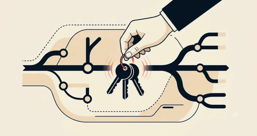 Decision map with digital keys, guardrails and a human reviewing AI agent access levels.