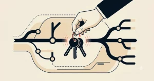Decision map with digital keys, guardrails and a human reviewing AI agent access levels.