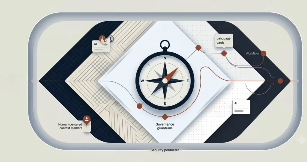 Abstract editorial illustration of AI agent workflows shaped by cultural context, governance layers and security boundaries.