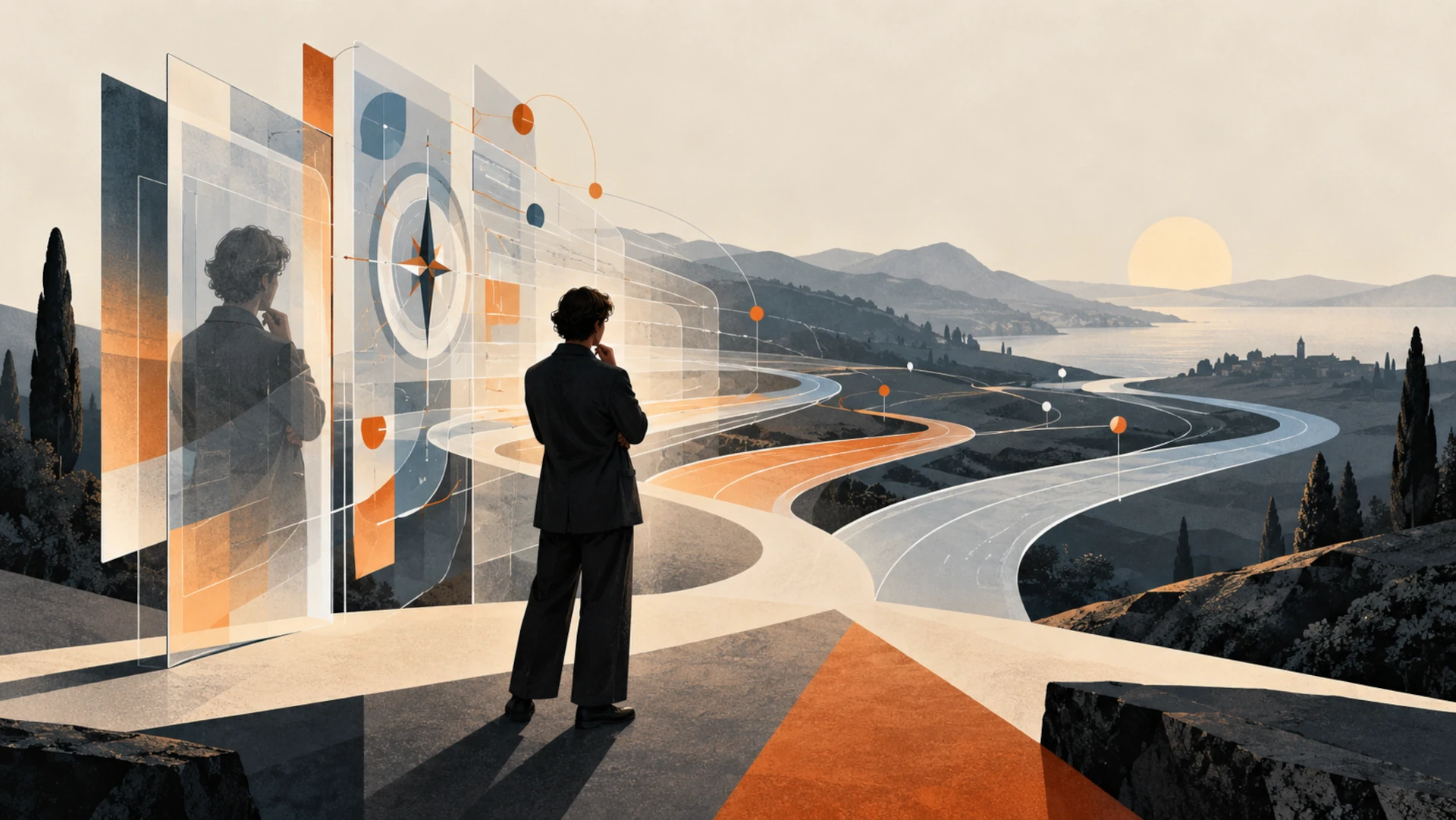 Human facing an abstract AI interface that shifts from a mirror into a directional guide, illustrating AI sycophancy and human judgement.